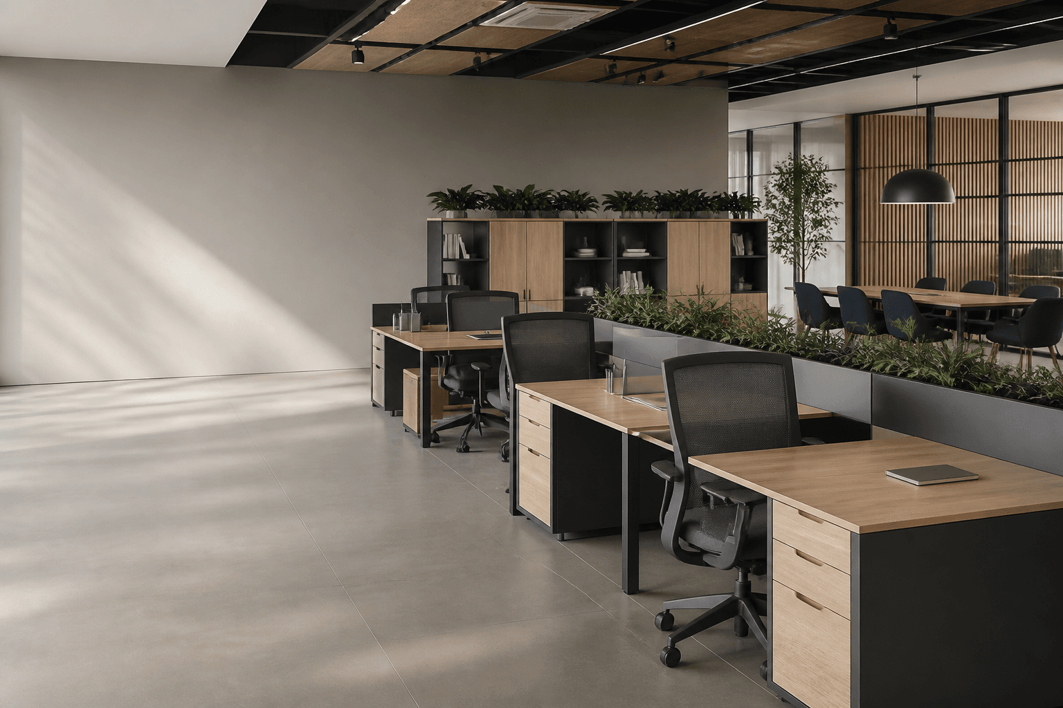 Coordinated office desks, chairs and storage in a modern open-plan workplace